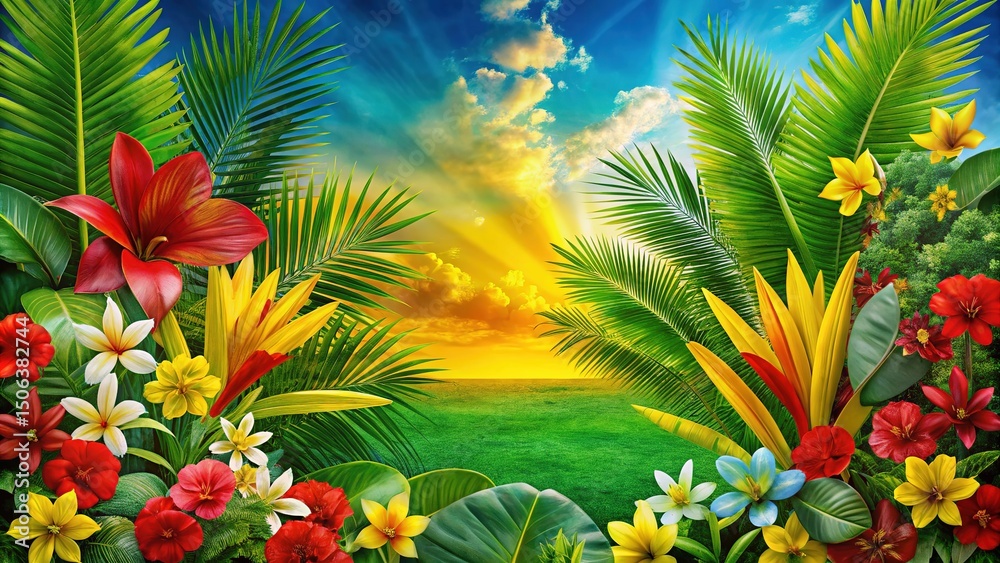 Fototapeta premium Vibrant Tropical Flowers and Plants at Sunrise/Sunset, Lush Floral Arrangement