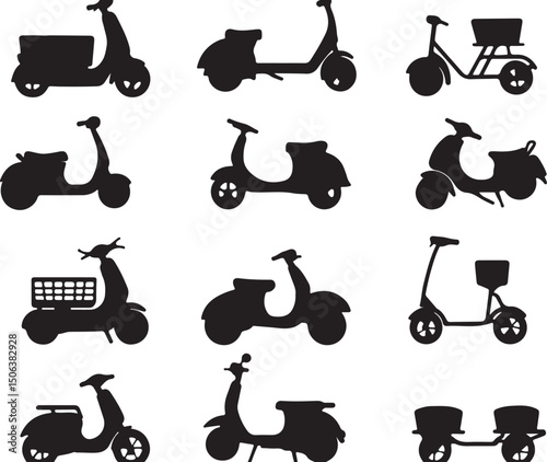 Silhouette Scooter Vector Set: Retro Mopeds, Vintage Motorbikes, Transportation Graphics