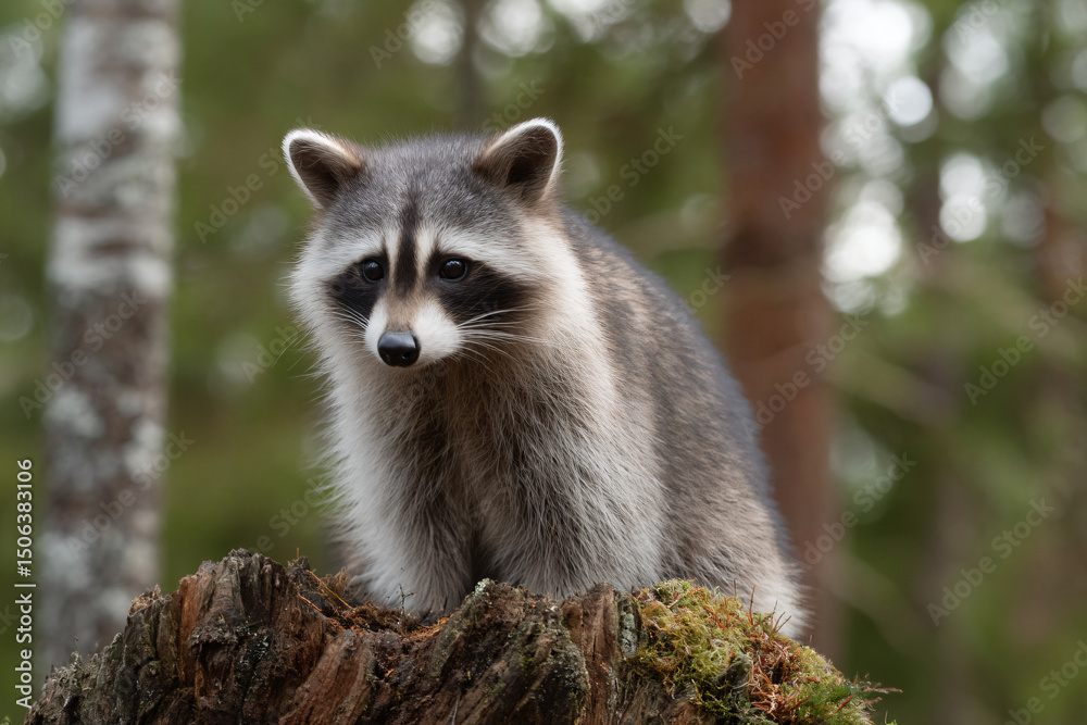 Fototapeta premium a raccoon standing on a tree stump in the woods
