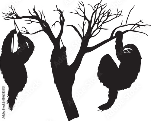 Silhouette of Sloths Hanging in a Bare Tree, Black and White Vector Illustration