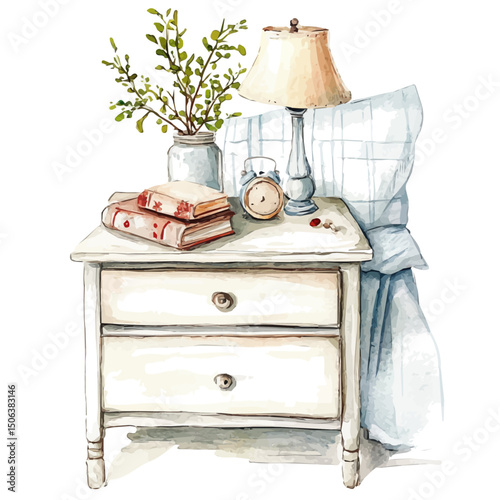 Bedside Table, watercolor drawing vector, high quality, isolated on a white background.