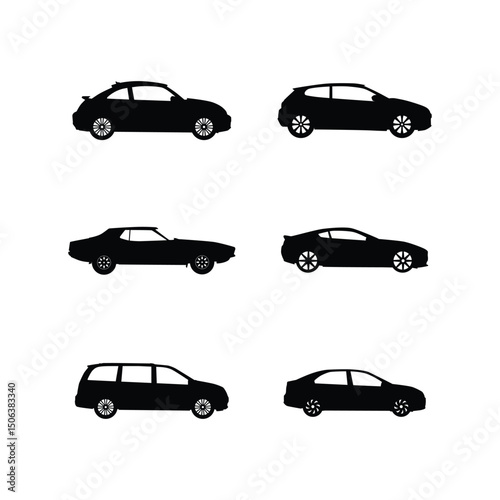 Modern Car Silhouette Vector Set Collection of Black Vehicle Icons and Shapes for Automotive Design and Transport Concepts on White Background