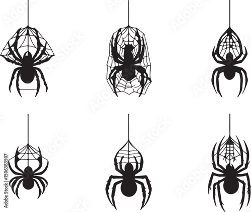 Hanging Spider Silhouettes: Halloween Decoration Vector Art, Spiderweb Clipart, Creepy Crawly Design