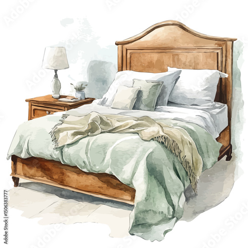 Bedroom With Soft Lighting, watercolor painting vector, high quality, isolated on a white background.