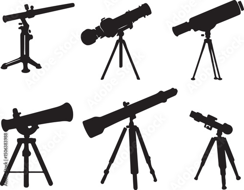 Telescope Silhouettes: Astronomy Equipment, Space Observation Tools, Vector Graphics