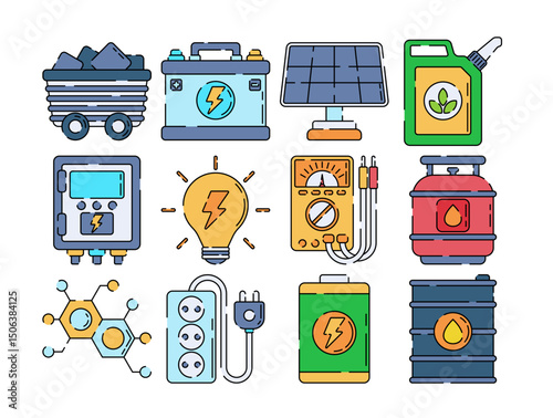 Fuels and renewable energy flat icons including solar panel, battery, gas, coal, and biofuel. Perfect for eco-energy projects, infographics, and web design.