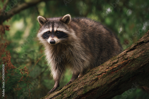 a raccoon standing on a tree branch in a forest