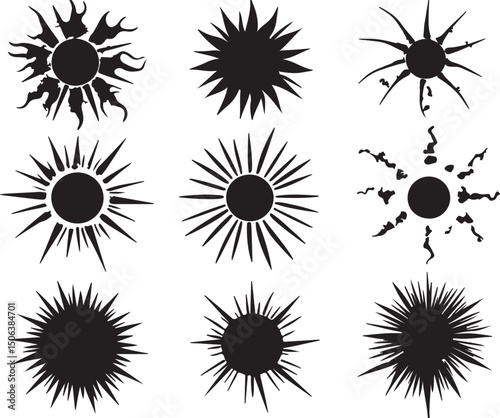 Black and White Sunburst Vector Set: Abstract Sun Rays, Graphic Design Elements, Starburst Shapes