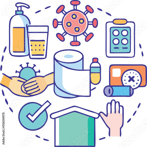 Flat Vector Medical Illustration – Virus Protection, Face Mask, Hygiene, Sanitizer Icons