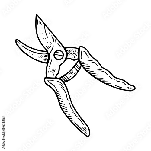 hand-drawn pruning shears in vintage art style