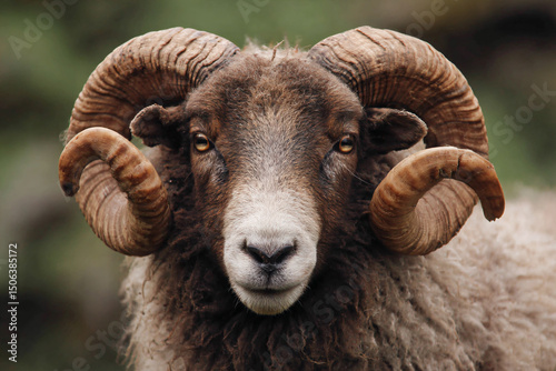 a ram with large horns standing in a field