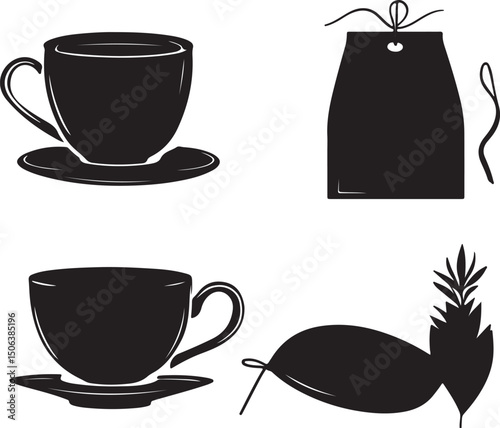 Black and White Tea Cup Set Vector Illustration: Teacup, Teabag, Drink, Beverage, Graphic Design