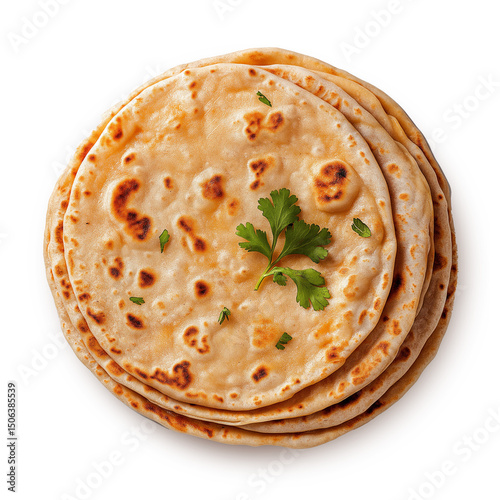 Parathas isolated on white background. Indian roti and chapati top view isolated.