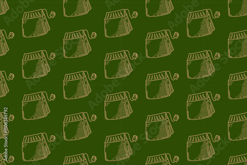 tea bag engraving line art seamless pattern on green background. retro tea pouch hatching pattern wallpaper background for herbal product, plantation, grocery, health drink merchandise