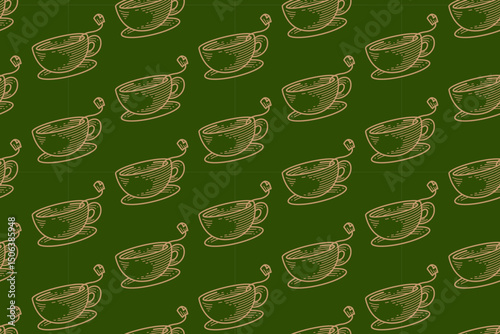 tea cup with tea bag line art seamless pattern on green background. retro cup of green tea hatching pattern wallpaper background for herbal product, plantation, grocery, health drink merchandise