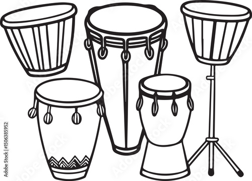 Set of drum icons and illustrations, percussion instrument collection in black and white, vector music symbols, isolated clipart design.