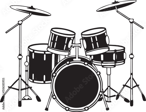 Set of drum icons and illustrations, percussion instrument collection in black and white, vector music symbols, isolated clipart design.