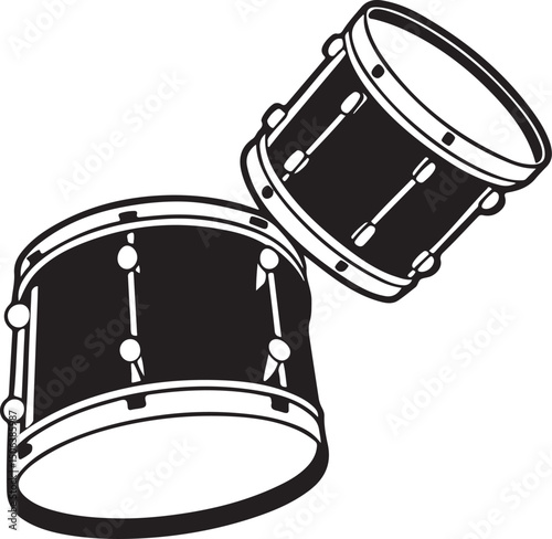 Set of drum icons and illustrations, percussion instrument collection in black and white, vector music symbols, isolated clipart design.