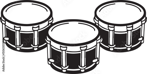 Set of drum icons and illustrations, percussion instrument collection in black and white, vector music symbols, isolated clipart design.