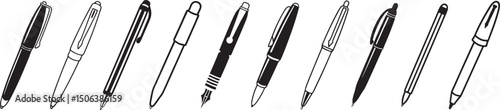 Set of hand-drawn sketch pens, ballpoint and ink pen icons in black and white, isolated vector illustration for stationery design.