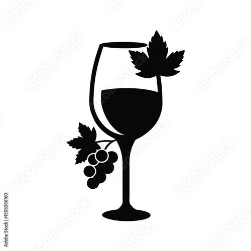 Elegant wine glass silhouette with grapes and leaves representing wine and viticulture in a simple graphic style