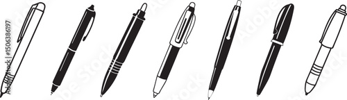 Set of hand-drawn sketch pens, ballpoint and ink pen icons in black and white, isolated vector illustration for stationery design.