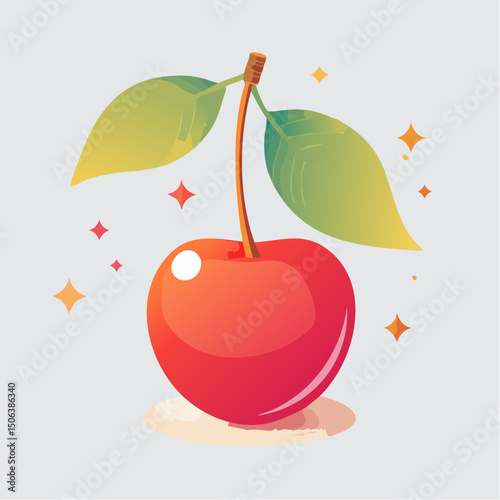 Juicy Red Cherry: A vibrant illustration of a single, ripe cherry, showcasing its succulent red skin and fresh green leaves, presented in a modern, eye-catching graphic style.