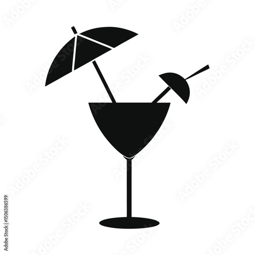 Minimalist black silhouette of a cocktail with a parasol and a decorative garnish depicting a refreshing summer drink