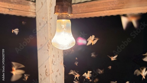 Fotografie Many mayflies are flying around a brightly lit incandescent lightbulb at night i