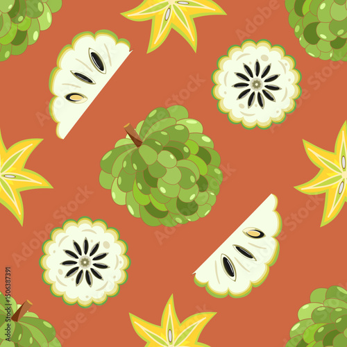 Sweetsop and starfruit seamstress botanical pattern vector illustration 