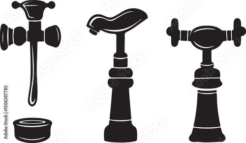 Vintage Faucet Illustrations: Antique Plumbing Fixtures, Black & White Vector Graphics, Old Taps