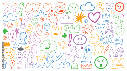 Smile brush hand drawn vector element set. Emoji fun face, heart, crown symbol crayon texture marker background kid sketch style hand drawn element. Color smiley face, arrow. Vector illustration