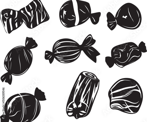 Black and White Candy Illustration: Wrapped Sweets, Vector Graphic, Confectionery Art