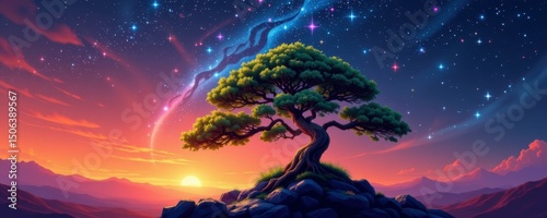 Pixel Art Bonsai Tree at Sunset with Starry Sky