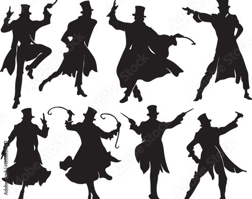 Silhouette Vector Art: Victorian Era Gentlemen Dancing, Top Hats, Coats, Vintage Style Illustration