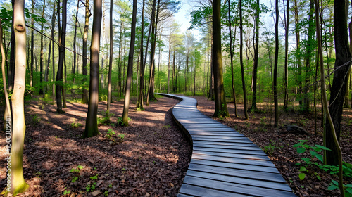 A wooden walking path Bor na Czerwonem nature reserve in Nowy Targ in Poland