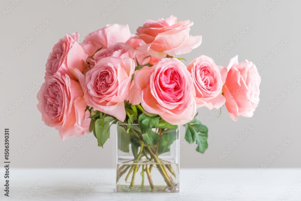 Fototapeta premium Clear glass vase holding a bouquet of soft pink roses, adding charm to a white background.