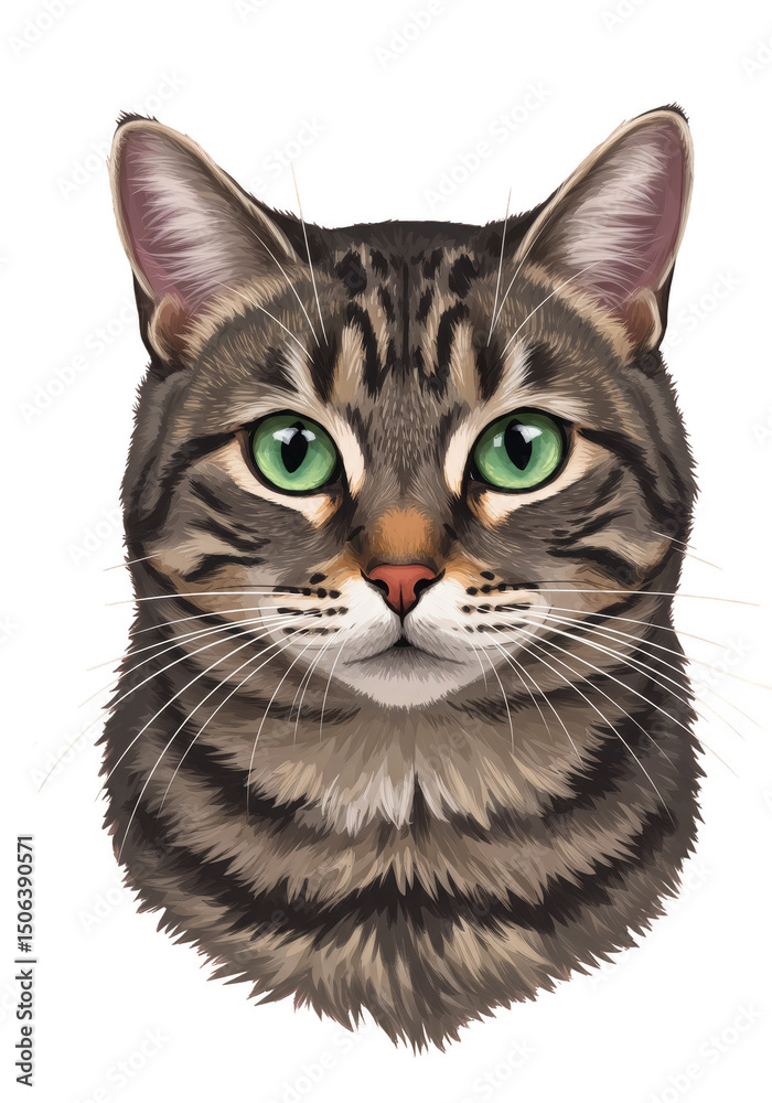 Obraz premium Cute Cat Portrait Illustration with Green Eyes on Transparent Background