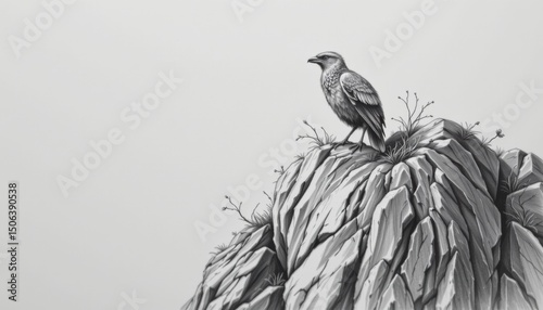 Monochrome Drawing of a Bird Perched on a Rocky Outcrop