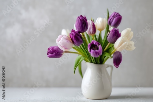 Wallpaper Mural Soft purple and white tulips arranged in a simple white vase, set on a light grey surface. Torontodigital.ca