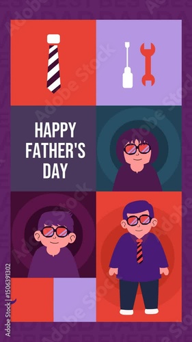 Looping vertical animation celebrating Father's Day. Features a grid-style layout with cute cartoon characters, tools, ties, and loving text like 