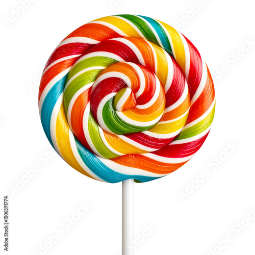 A vibrant, colorful swirl lollipop with a stick, isolated on a white background, a sweet sugar candy perfect for a fun childhood snack