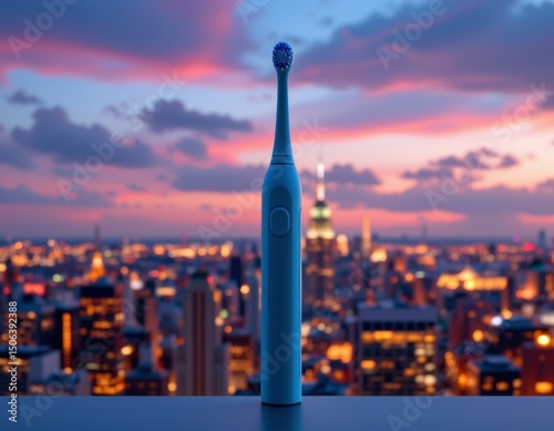 Electric Toothbrush Silhouetted Against a Vibrant City Sunset