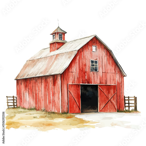Barn, watercolor clipart vector, high quality, isolated on a white background.