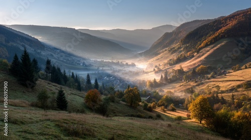 Morning mist over serene valley landscape tranquil hills nature photography dawn light scenic view