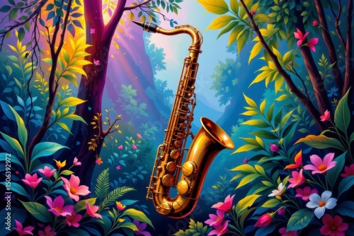 Golden Saxophone in a Lush Vibrant Forest Setting
