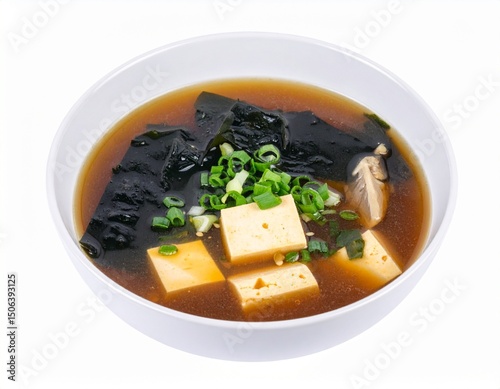 Miso broth with tofu and seaweed isolated on white background for Japanese cuisine or healthy eating concept