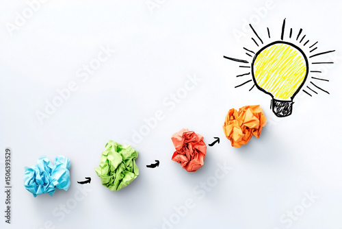 The transformative journey of ideas from inception to bright solutions portrayed creatively