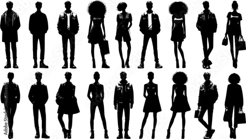 Vector silhouettes man and women, illustrations isolated on white background. Silhouettes of young people posing in fashionable clothes. EPS 10 version.