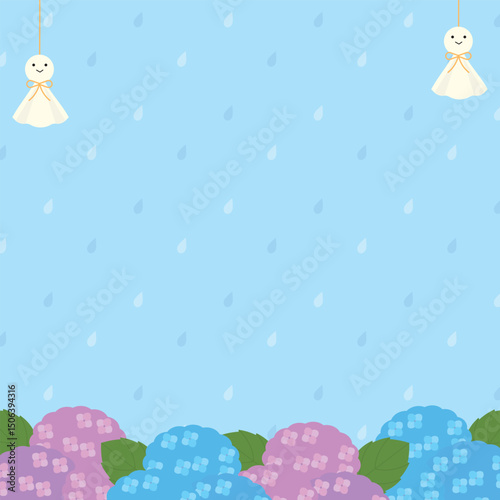 正方形の紫陽花と雨の梅雨背景イラスト